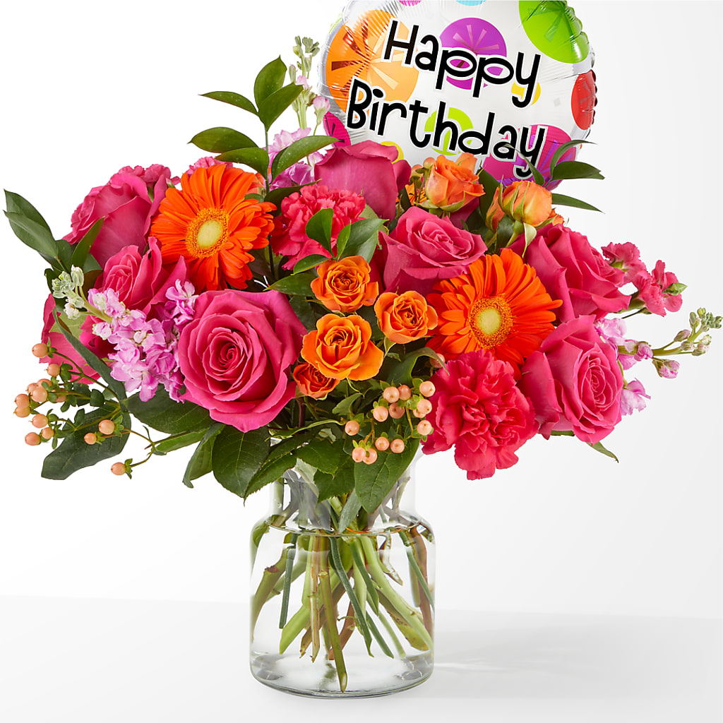 Fiesta Bouquet with Birthday Balloon – GAETA'S FLOWERS, Los Gatos CA