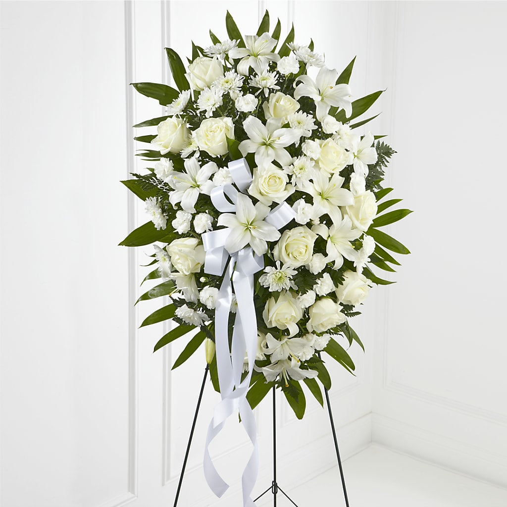 Exquisite Tribute Standing Spray-White Ribbon – GAETA'S FLOWERS, Los Gatos CA